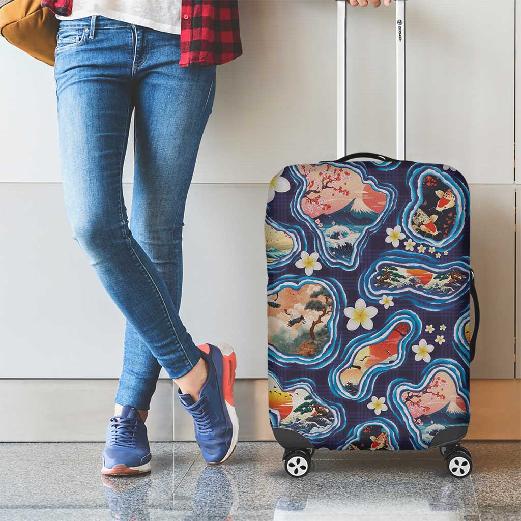 Hawaii Islands Map Design with Japanese Landscape Luggage Cover Hawaiian Japan Fusion Art Navy Color