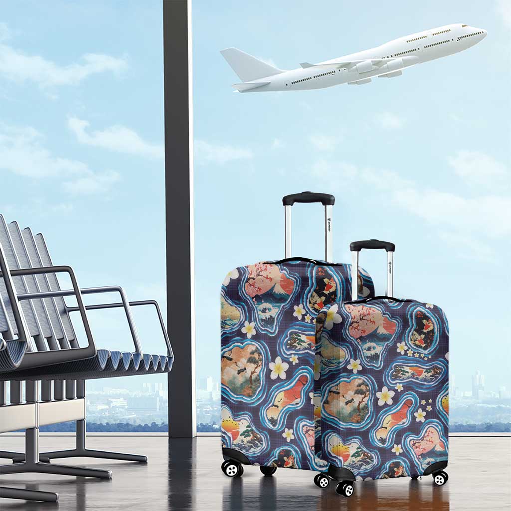 Hawaii Islands Map Design with Japanese Landscape Luggage Cover Hawaiian Japan Fusion Art Navy Color