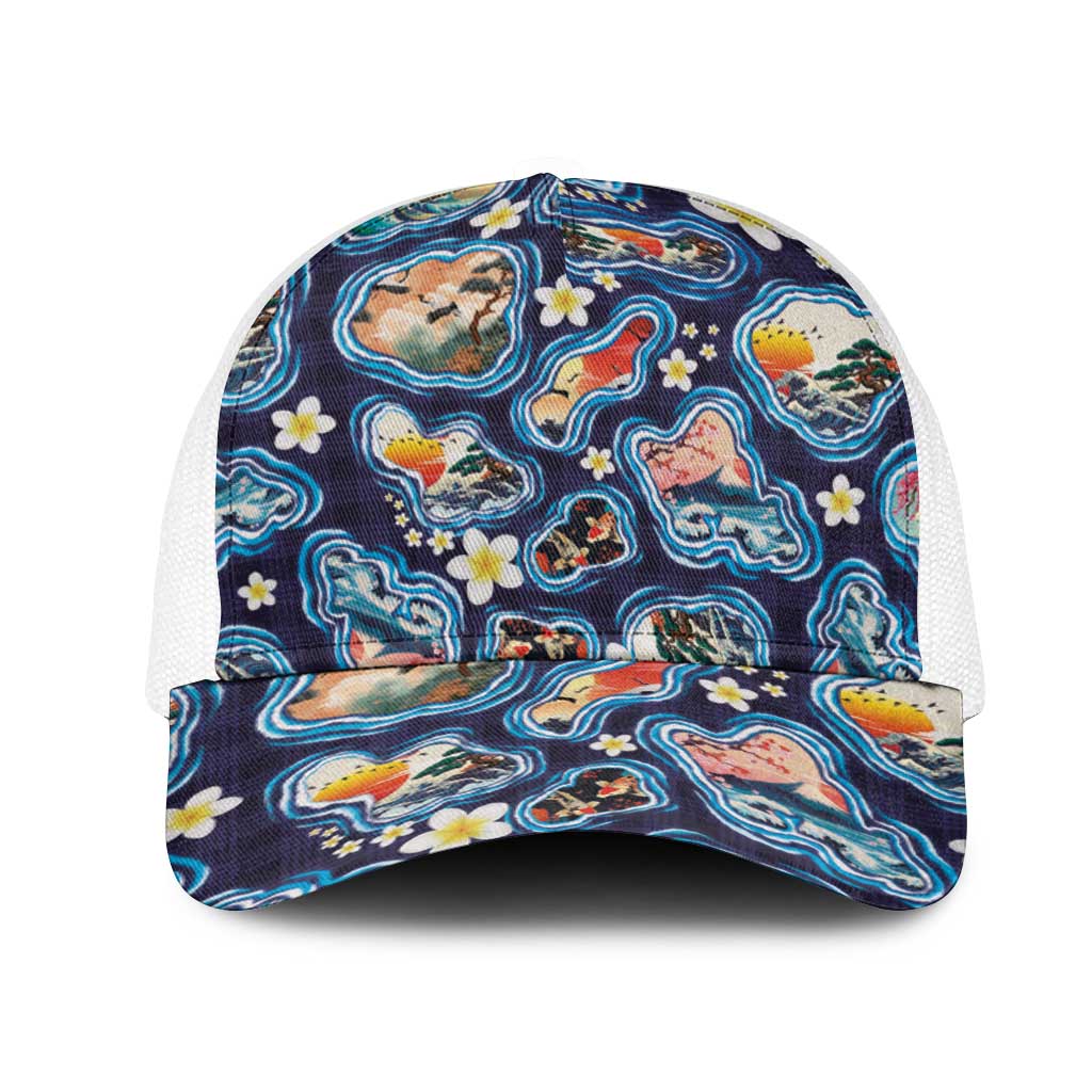 Hawaii Islands Map Design with Japanese Landscape Mesh Trucker Cap Hawaiian Japan Fusion Art Navy Color LT03 One Size White Navy - Polynesian Pride