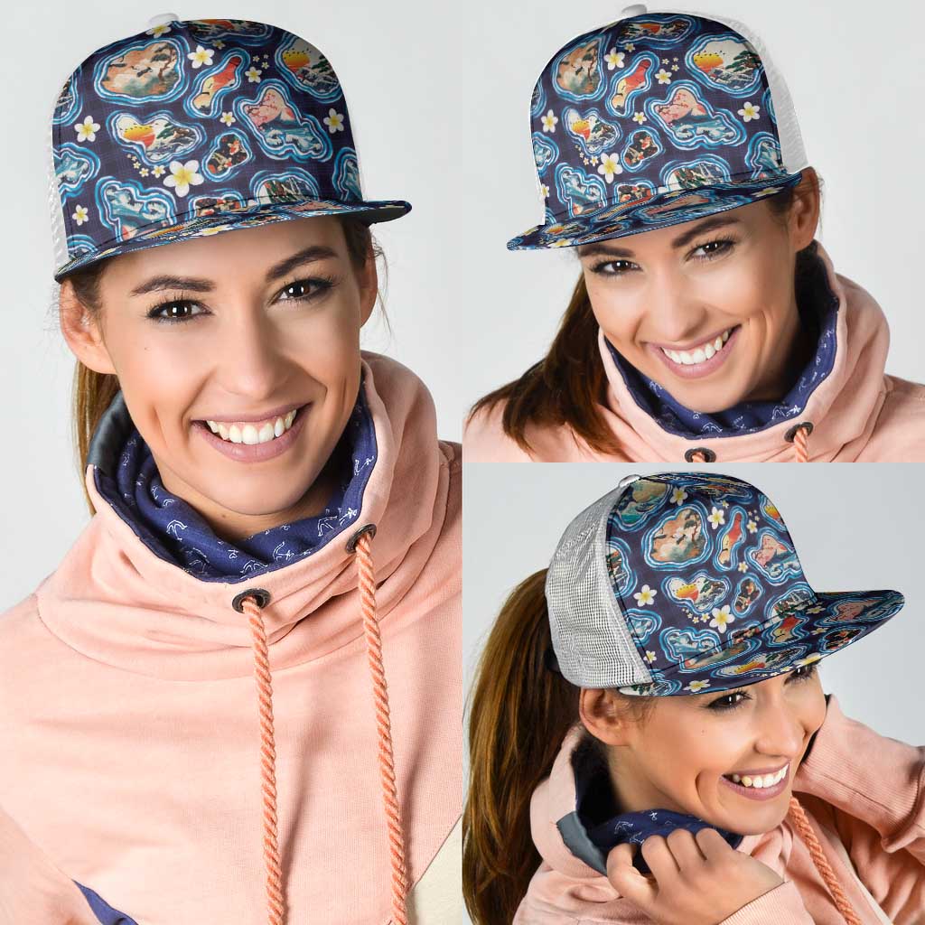Hawaii Islands Map Design with Japanese Landscape Mesh Trucker Cap Hawaiian Japan Fusion Art Navy Color