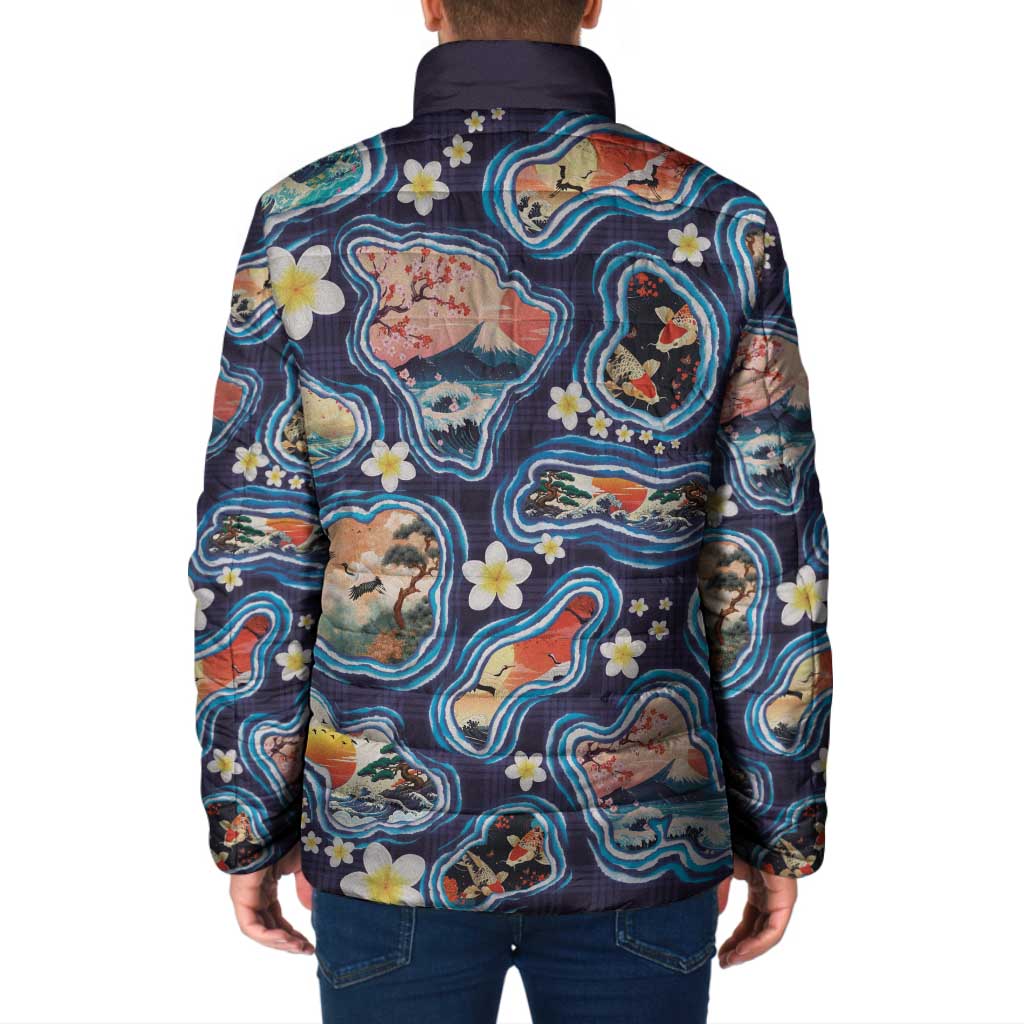 Hawaii Islands Map Design with Japanese Landscape Padded Jacket Hawaiian Japan Fusion Art Navy Color LT03 - Polynesian Pride