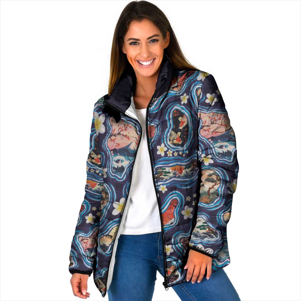Hawaii Islands Map Design with Japanese Landscape Padded Jacket Hawaiian Japan Fusion Art Navy Color LT03 Women Navy - Polynesian Pride