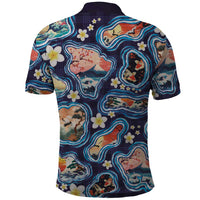 Hawaii Islands Map Design with Japanese Landscape Polo Shirt Hawaiian Japan Fusion Art Navy Color