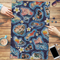 Hawaii Islands Map Design with Japanese Landscape Puzzle Hawaiian Japan Fusion Art Navy Color