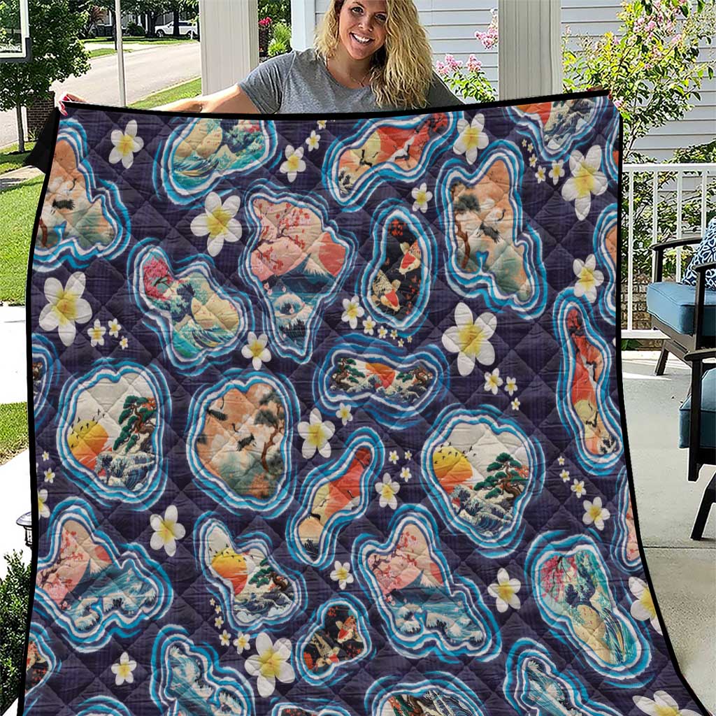 Hawaii Islands Map Design with Japanese Landscape Quilt Hawaiian Japan Fusion Art Navy Color LT03 Navy - Polynesian Pride