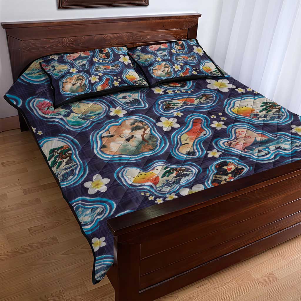 Hawaii Islands Map Design with Japanese Landscape Quilt Bed Set Hawaiian Japan Fusion Art Navy Color LT03 - Polynesian Pride