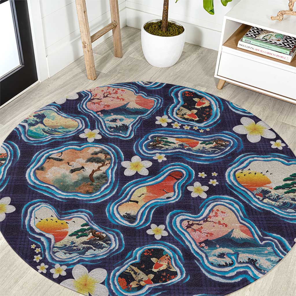Hawaii Islands Map Design with Japanese Landscape Round Carpet Hawaiian Japan Fusion Art Navy Color LT03 Navy - Polynesian Pride