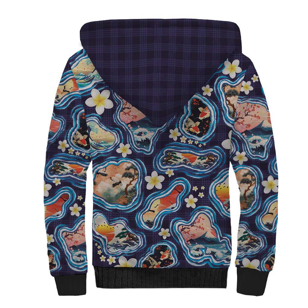 Hawaii Islands Map Design with Japanese Landscape Sherpa Hoodie Hawaiian Japan Fusion Art Navy Color