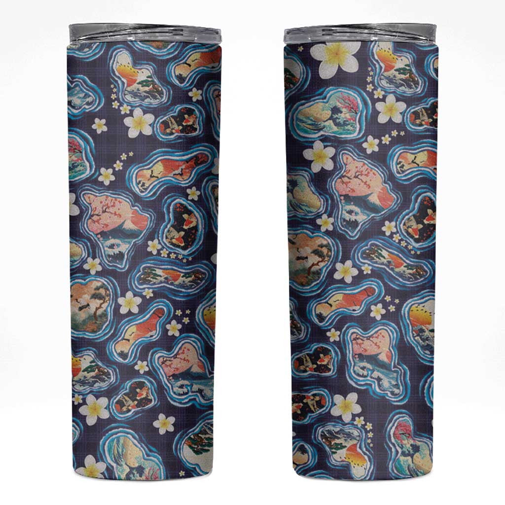 Hawaii Islands Map Design with Japanese Landscape Skinny Tumbler Hawaiian Japan Fusion Art Navy Color LT03 Navy - Polynesian Pride