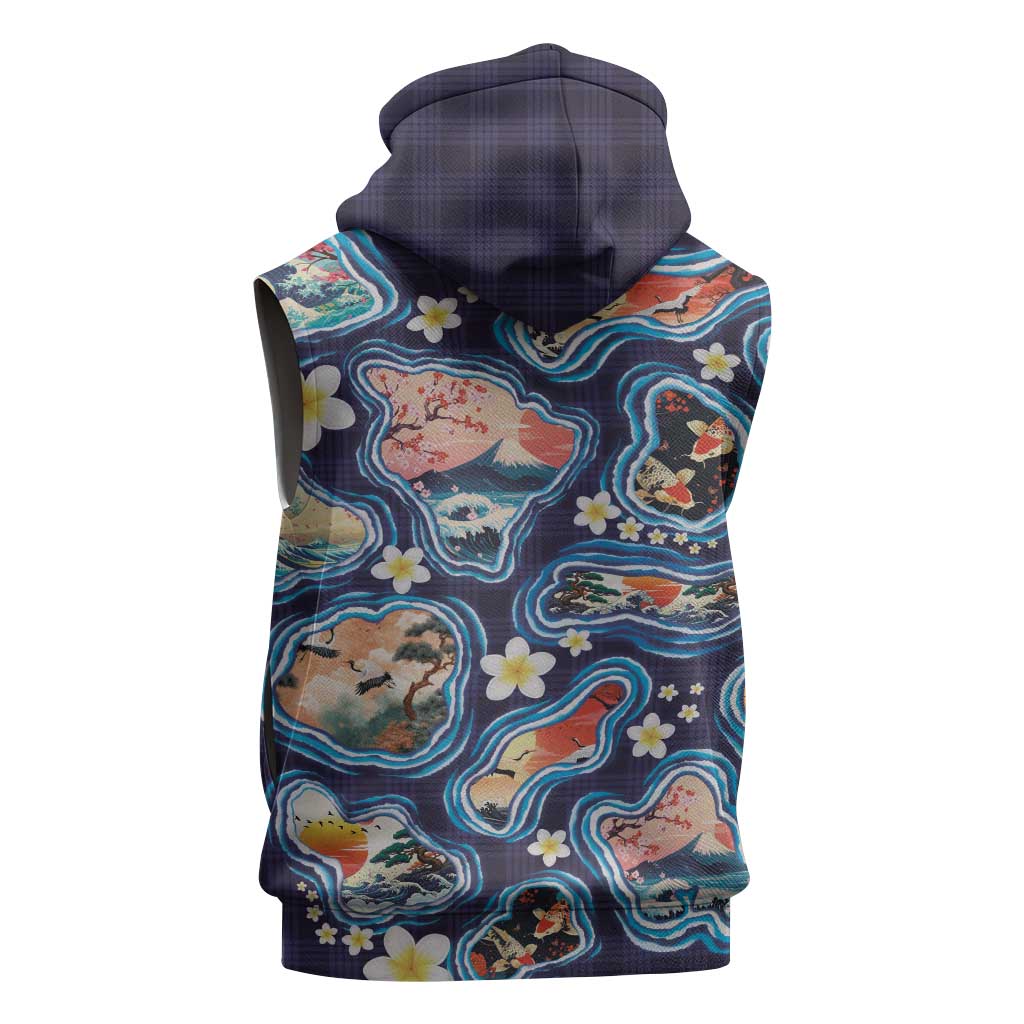 Hawaii Islands Map Design with Japanese Landscape Sleeveless Zip Hoodie Hawaiian Japan Fusion Art Navy Color