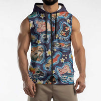 Hawaii Islands Map Design with Japanese Landscape Sleeveless Zip Hoodie Hawaiian Japan Fusion Art Navy Color