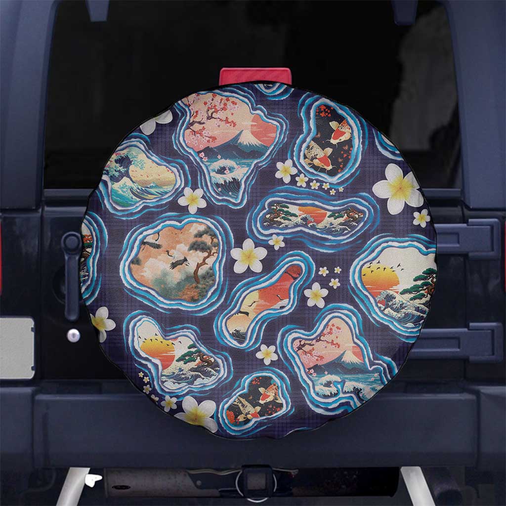 Hawaii Islands Map Design with Japanese Landscape Spare Tire Cover Hawaiian Japan Fusion Art Navy Color LT03 No hole Navy - Polynesian Pride