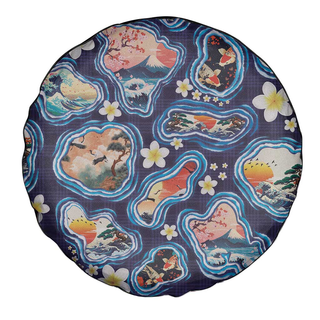 Hawaii Islands Map Design with Japanese Landscape Spare Tire Cover Hawaiian Japan Fusion Art Navy Color