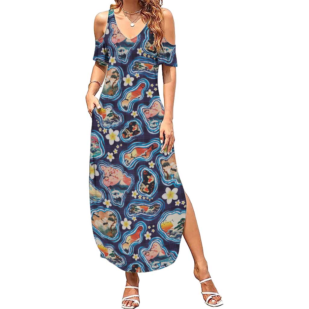 Hawaii Islands Map Design with Japanese Landscape Summer Maxi Dress Hawaiian Japan Fusion Art Navy Color