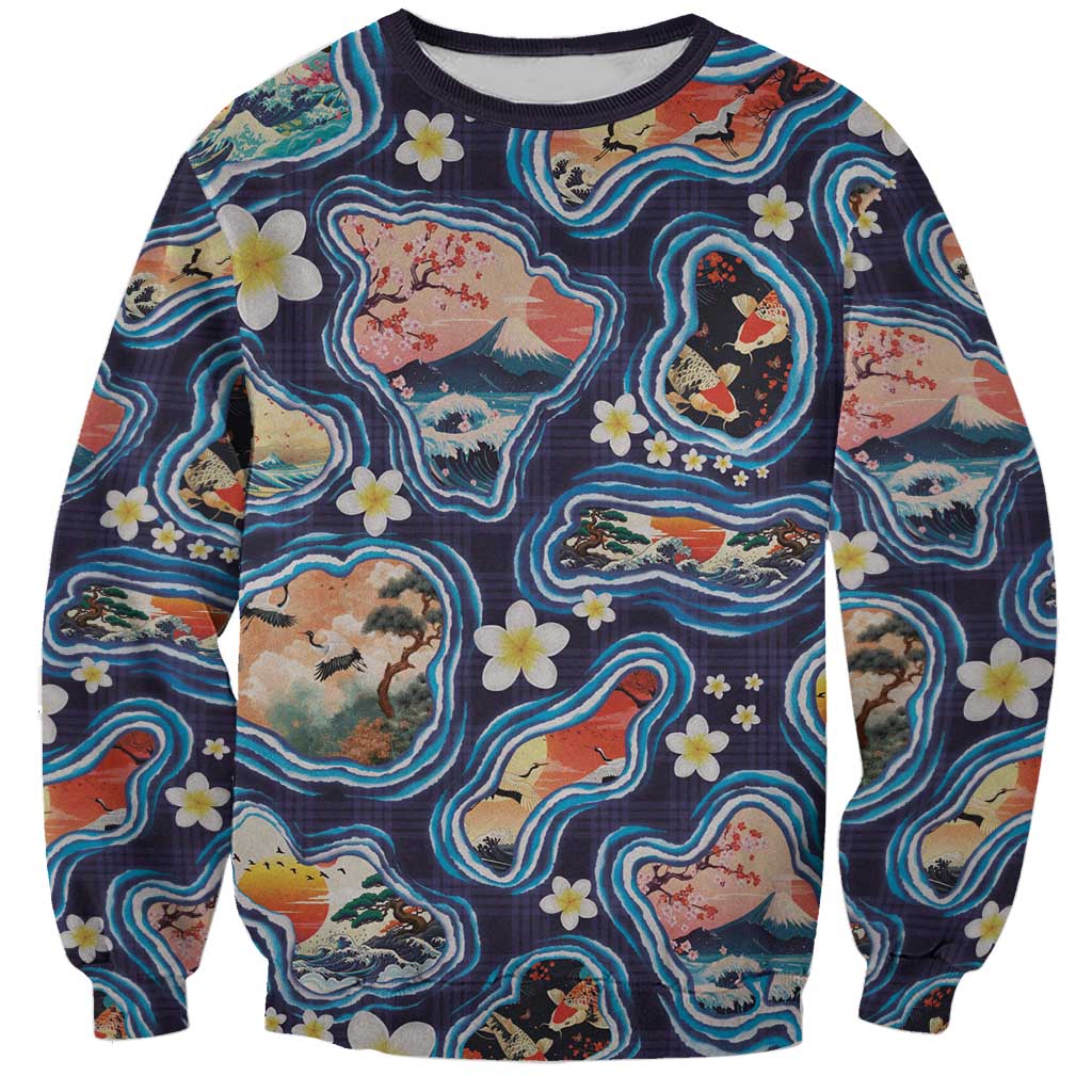 Hawaii Islands Map Design with Japanese Landscape Sweatshirt Hawaiian Japan Fusion Art Navy Color LT03 Unisex Navy - Polynesian Pride