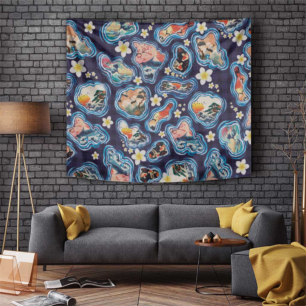 Hawaii Islands Map Design with Japanese Landscape Tapestry Hawaiian Japan Fusion Art Navy Color