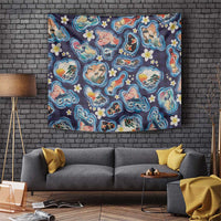 Hawaii Islands Map Design with Japanese Landscape Tapestry Hawaiian Japan Fusion Art Navy Color