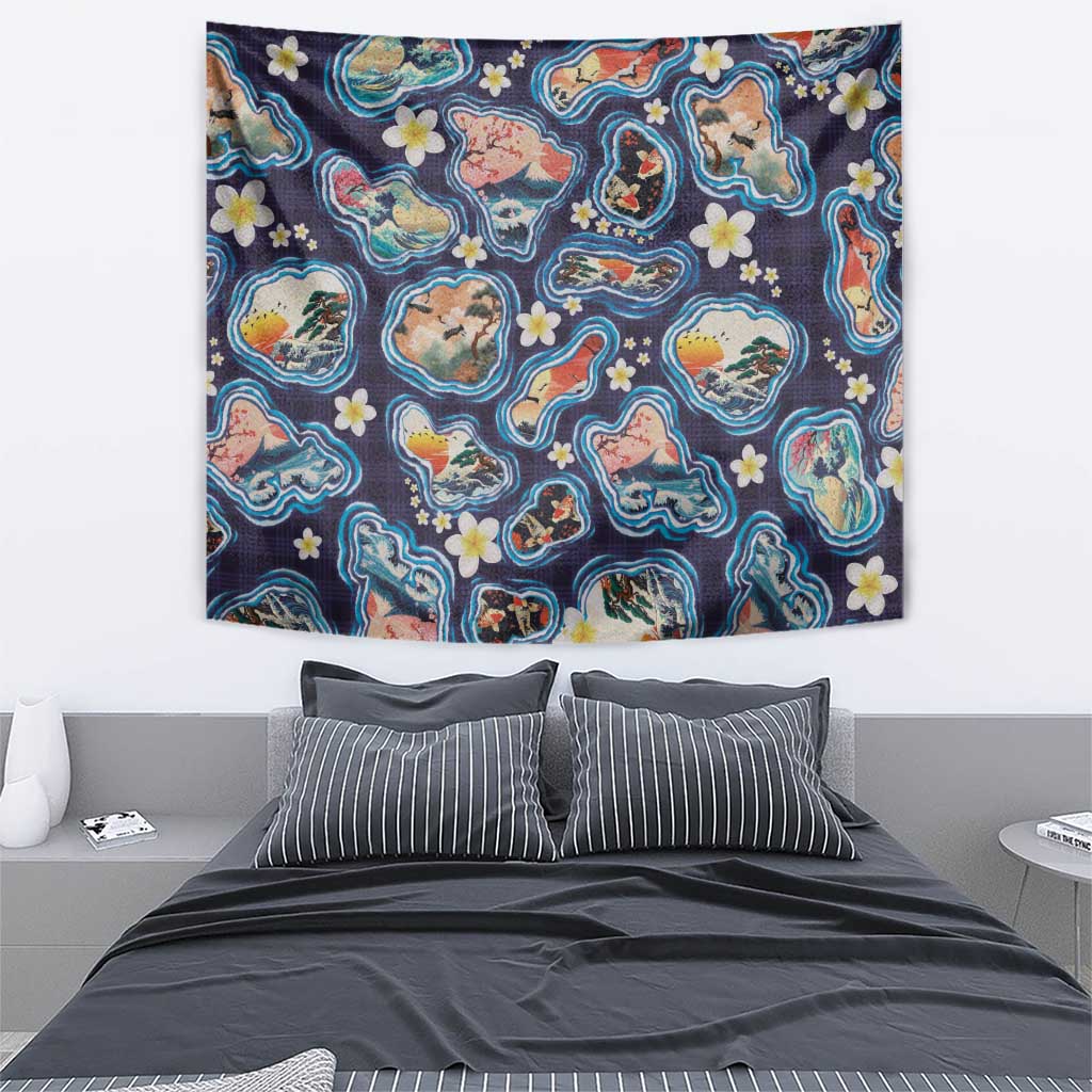 Hawaii Islands Map Design with Japanese Landscape Tapestry Hawaiian Japan Fusion Art Navy Color