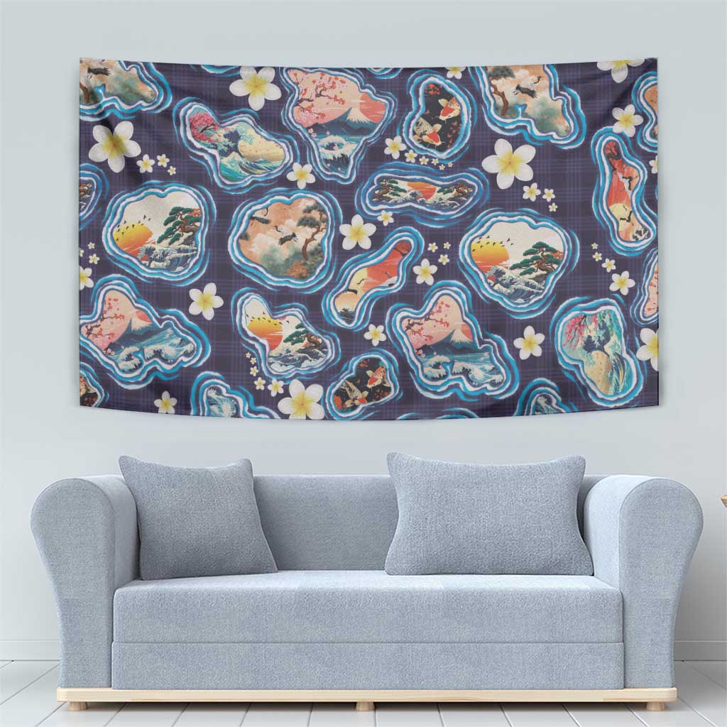 Hawaii Islands Map Design with Japanese Landscape Tapestry Hawaiian Japan Fusion Art Navy Color