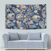 Hawaii Islands Map Design with Japanese Landscape Tapestry Hawaiian Japan Fusion Art Navy Color