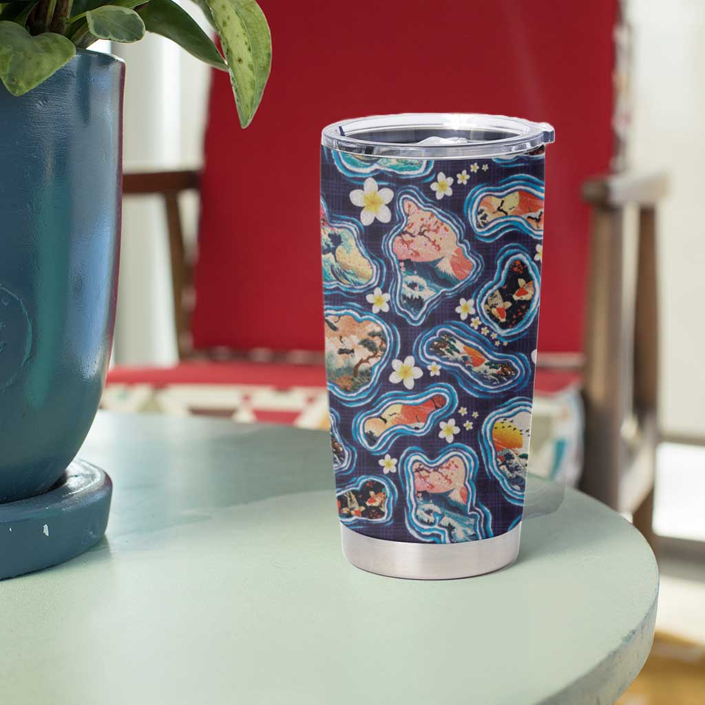 Hawaii Islands Map Design with Japanese Landscape Tumbler Cup Hawaiian Japan Fusion Art Navy Color