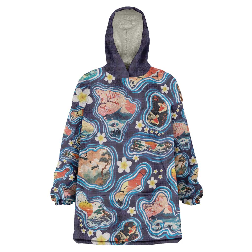 Hawaii Islands Map Design with Japanese Landscape Wearable Blanket Hoodie Hawaiian Japan Fusion Art Navy Color LT03 One Size Navy - Polynesian Pride