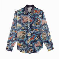 Hawaii Islands Map Design with Japanese Landscape Women Casual Shirt Hawaiian Japan Fusion Art Navy Color