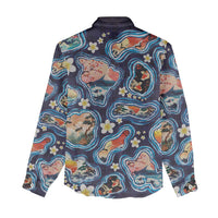 Hawaii Islands Map Design with Japanese Landscape Women Casual Shirt Hawaiian Japan Fusion Art Navy Color