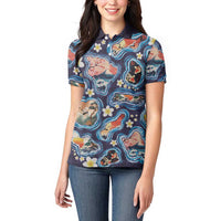 Hawaii Islands Map Design with Japanese Landscape Women Polo Shirt Hawaiian Japan Fusion Art Navy Color