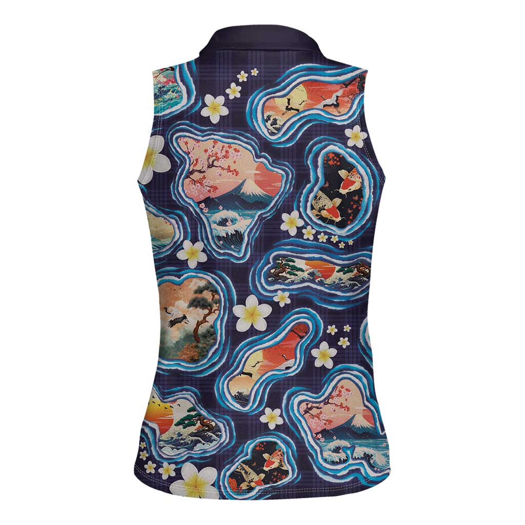 Hawaii Islands Map Design with Japanese Landscape Women Sleeveless Polo Shirt Hawaiian Japan Fusion Art Navy Color