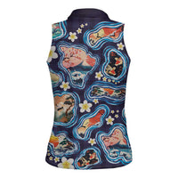 Hawaii Islands Map Design with Japanese Landscape Women Sleeveless Polo Shirt Hawaiian Japan Fusion Art Navy Color