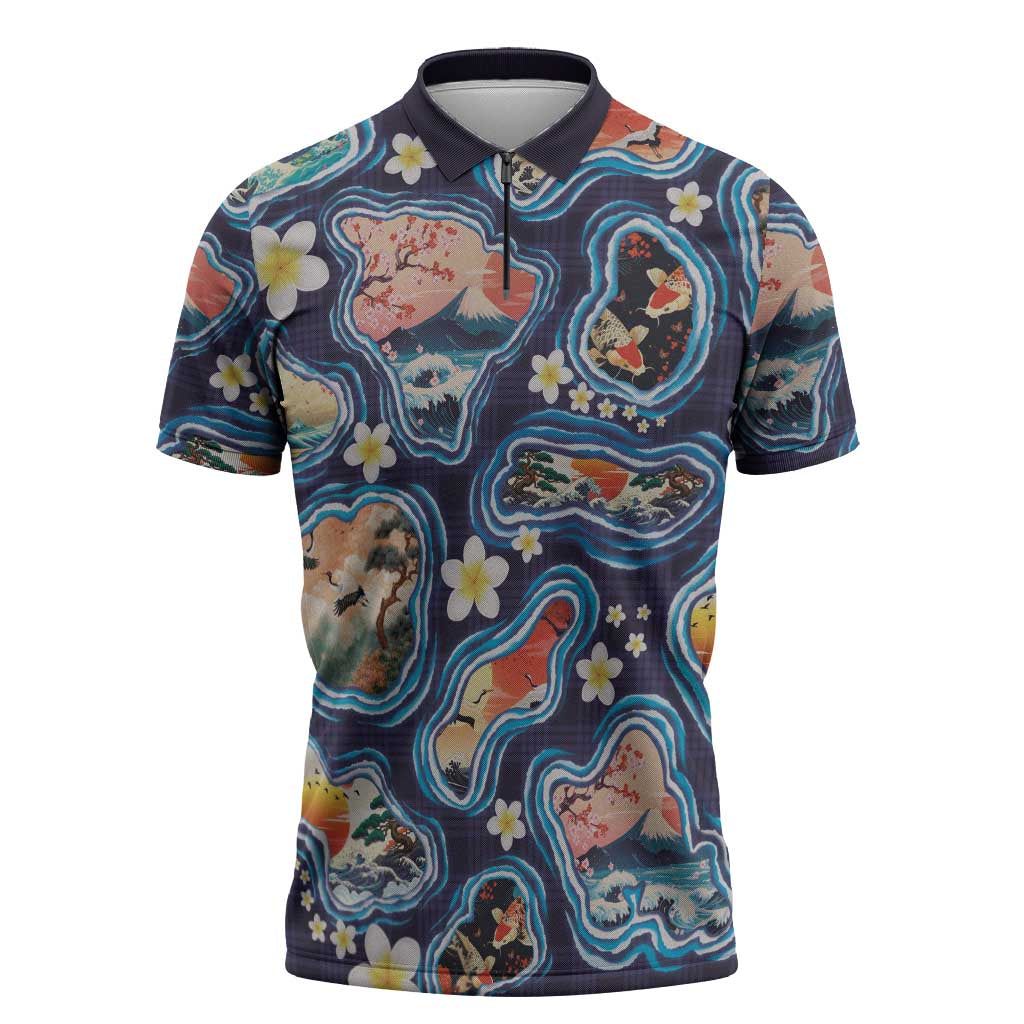 Hawaii Islands Map Design with Japanese Landscape Zipper Polo Shirt Hawaiian Japan Fusion Art Navy Color LT03 Navy - Polynesian Pride
