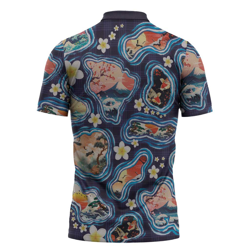 Hawaii Islands Map Design with Japanese Landscape Zipper Polo Shirt Hawaiian Japan Fusion Art Navy Color