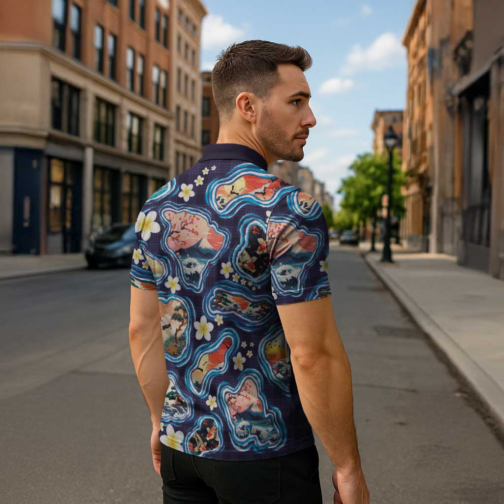 Hawaii Islands Map Design with Japanese Landscape Zipper Polo Shirt Hawaiian Japan Fusion Art Navy Color