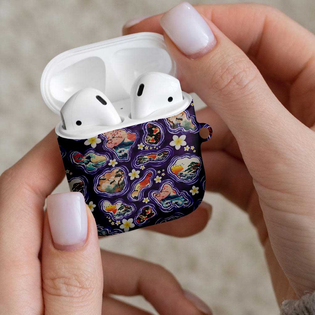 Hawaii Islands Map Design with Japanese Landscape AirPods Case Hawaiian Japan Fusion Art Purple Color