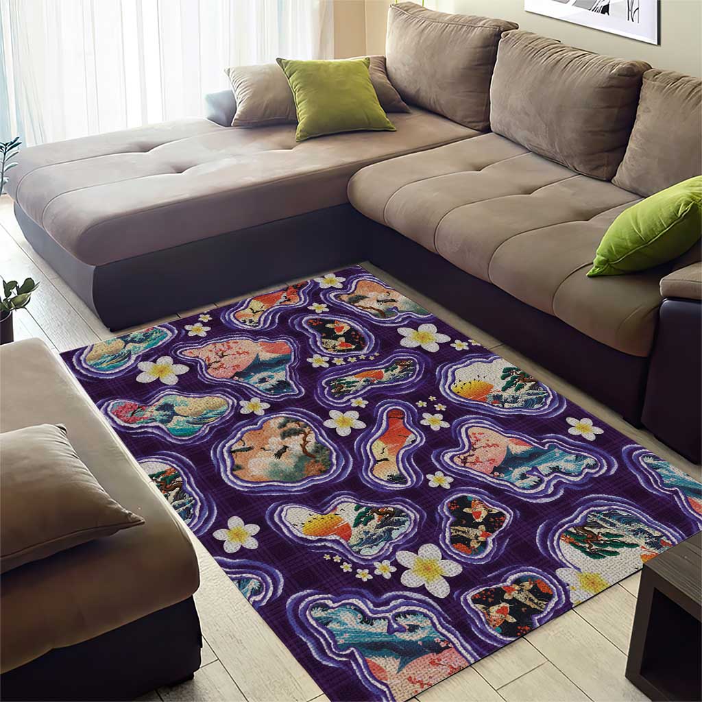 Hawaii Islands Map Design with Japanese Landscape Area Rug Hawaiian Japan Fusion Art Purple Color