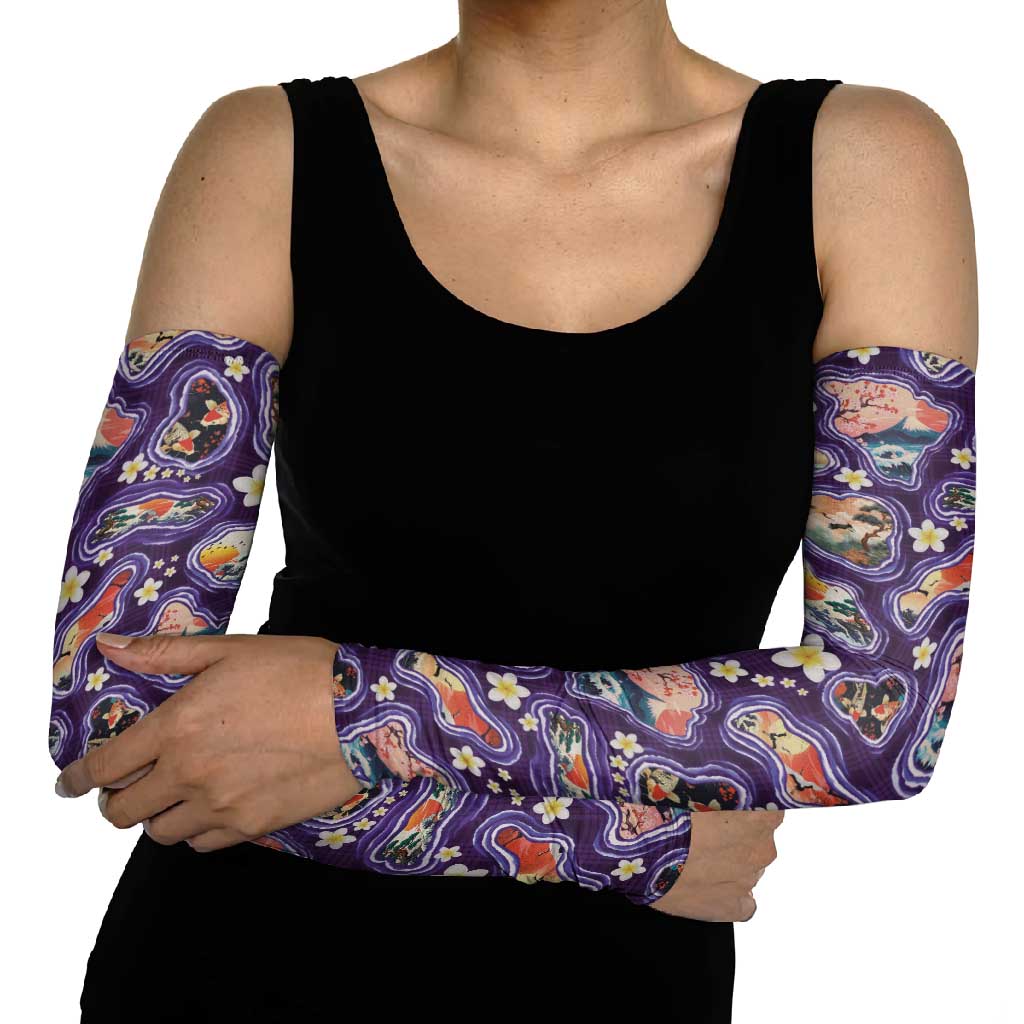 Hawaii Islands Map Design with Japanese Landscape Arm Sleeves Hawaiian Japan Fusion Art Purple Color