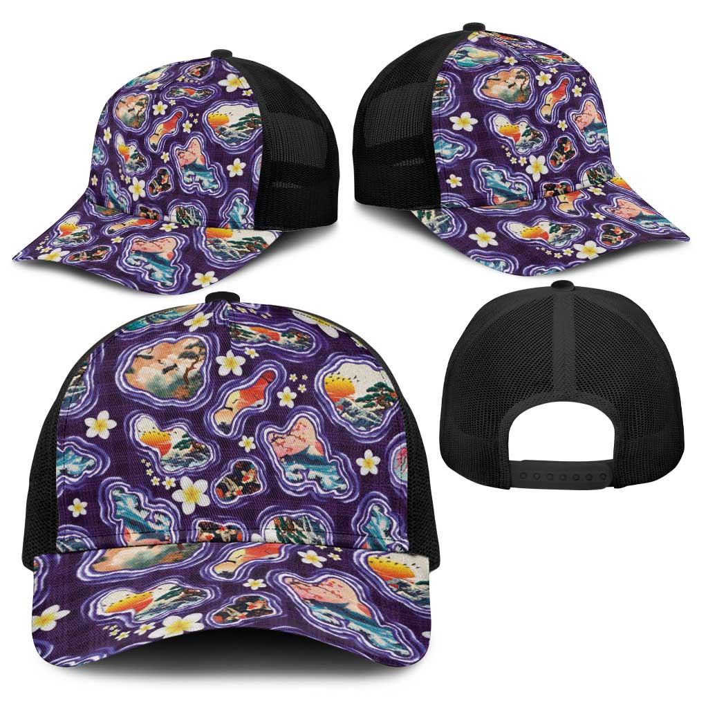 Hawaii Islands Map Design with Japanese Landscape Baseball Net Cap Hawaiian Japan Fusion Art Purple Color LT03 - Polynesian Pride