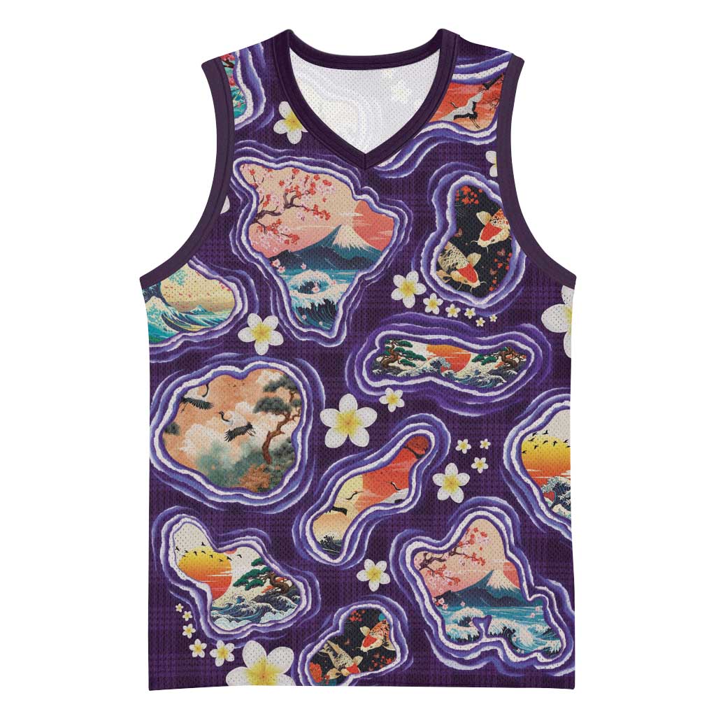 Hawaii Islands Map Design with Japanese Landscape Basketball Jersey Hawaiian Japan Fusion Art Purple Color LT03 Unisex Purple - Polynesian Pride