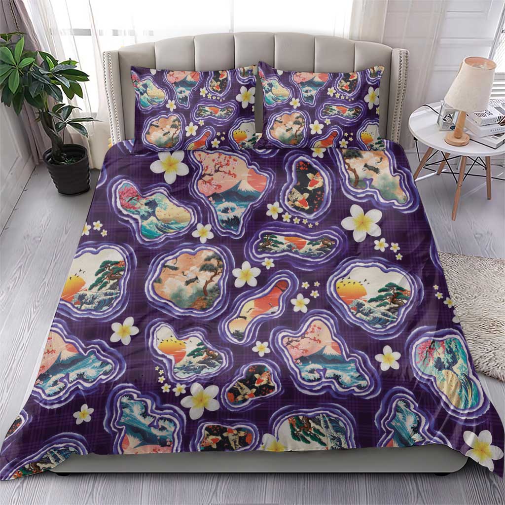 Hawaii Islands Map Design with Japanese Landscape Bedding Set Hawaiian Japan Fusion Art Purple Color LT03 - Polynesian Pride