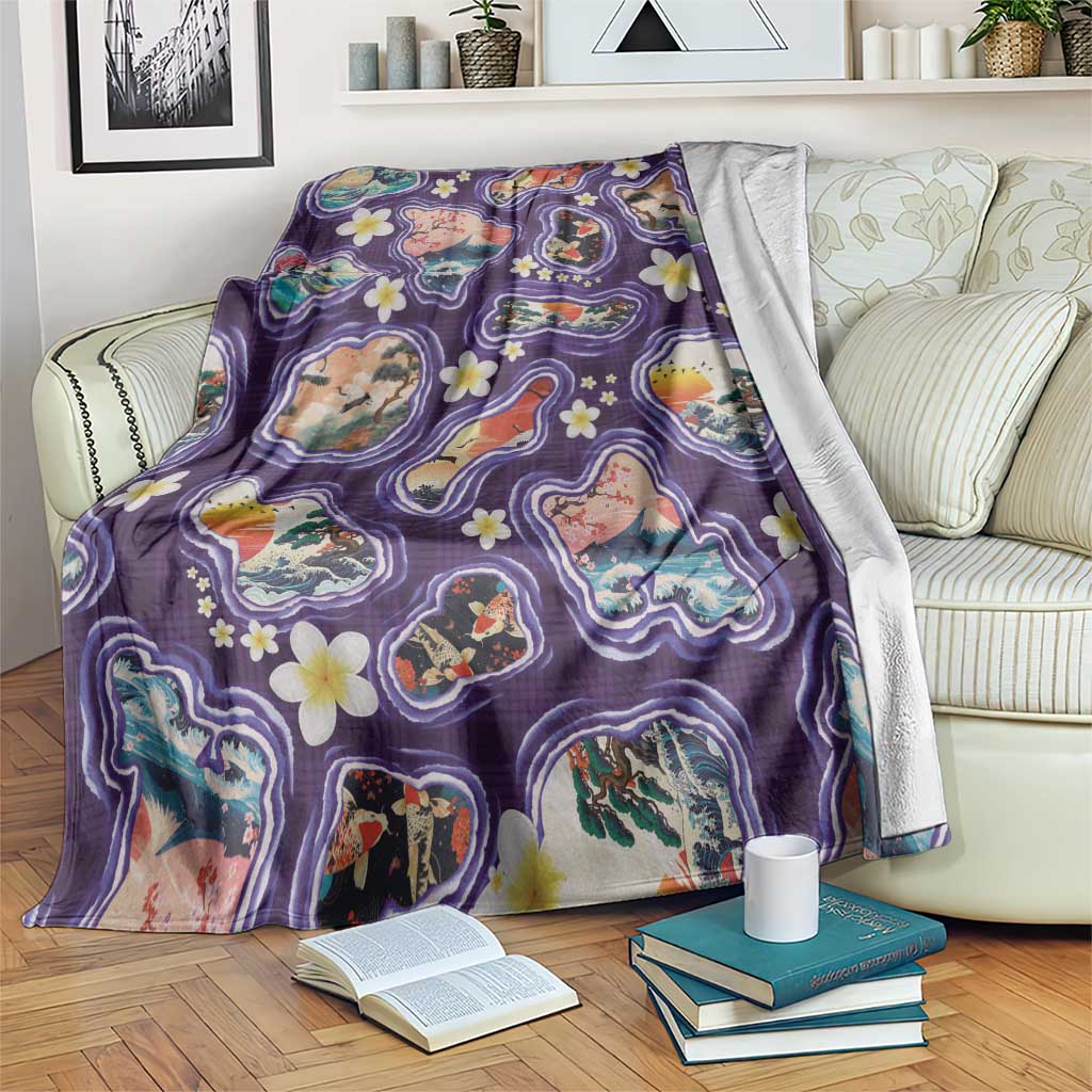 Hawaii Islands Map Design with Japanese Landscape Blanket Hawaiian Japan Fusion Art Purple Color LT03 Purple - Polynesian Pride