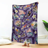 Hawaii Islands Map Design with Japanese Landscape Blanket Hawaiian Japan Fusion Art Purple Color