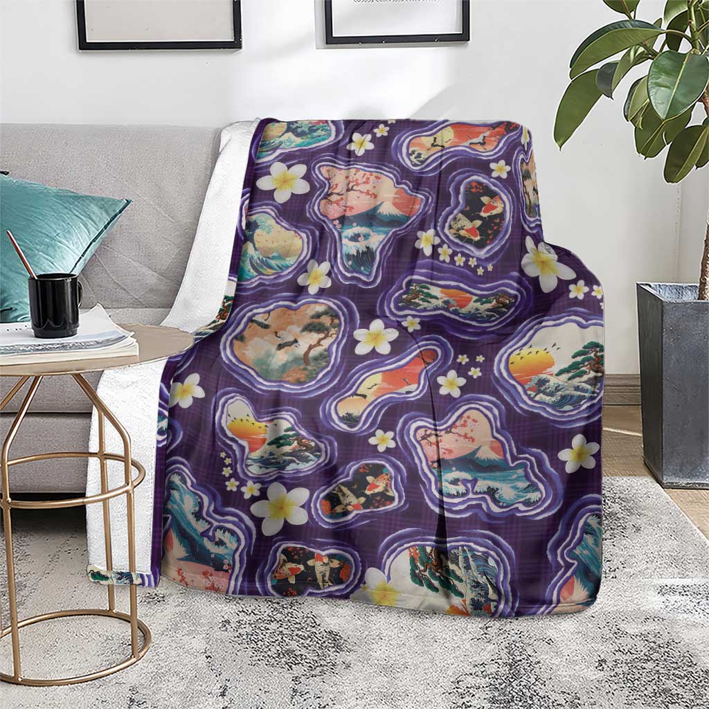 Hawaii Islands Map Design with Japanese Landscape Blanket Hawaiian Japan Fusion Art Purple Color