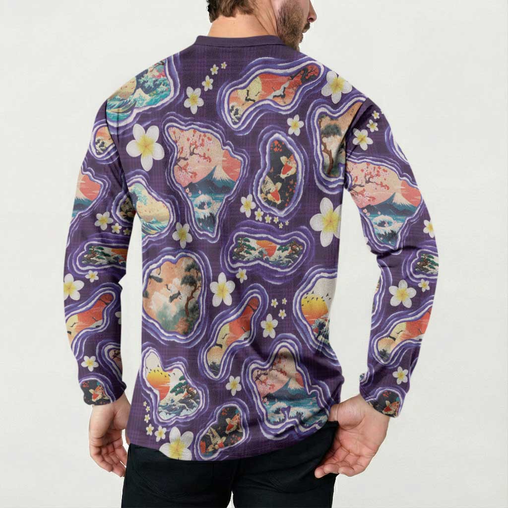 Hawaii Islands Map Design with Japanese Landscape Button Sweatshirt Hawaiian Japan Fusion Art Purple Color LT03 - Polynesian Pride