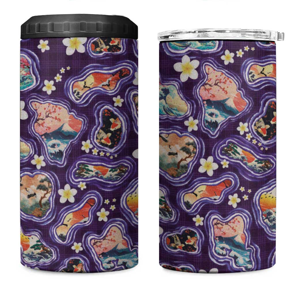 Hawaii Islands Map Design with Japanese Landscape 4 in 1 Can Cooler Tumbler Hawaiian Japan Fusion Art Purple Color