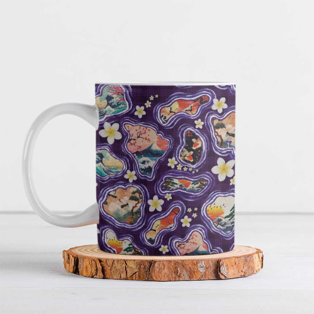 Hawaii Islands Map Design with Japanese Landscape Ceramic Mug Hawaiian Japan Fusion Art Purple Color LT03 Purple - Polynesian Pride