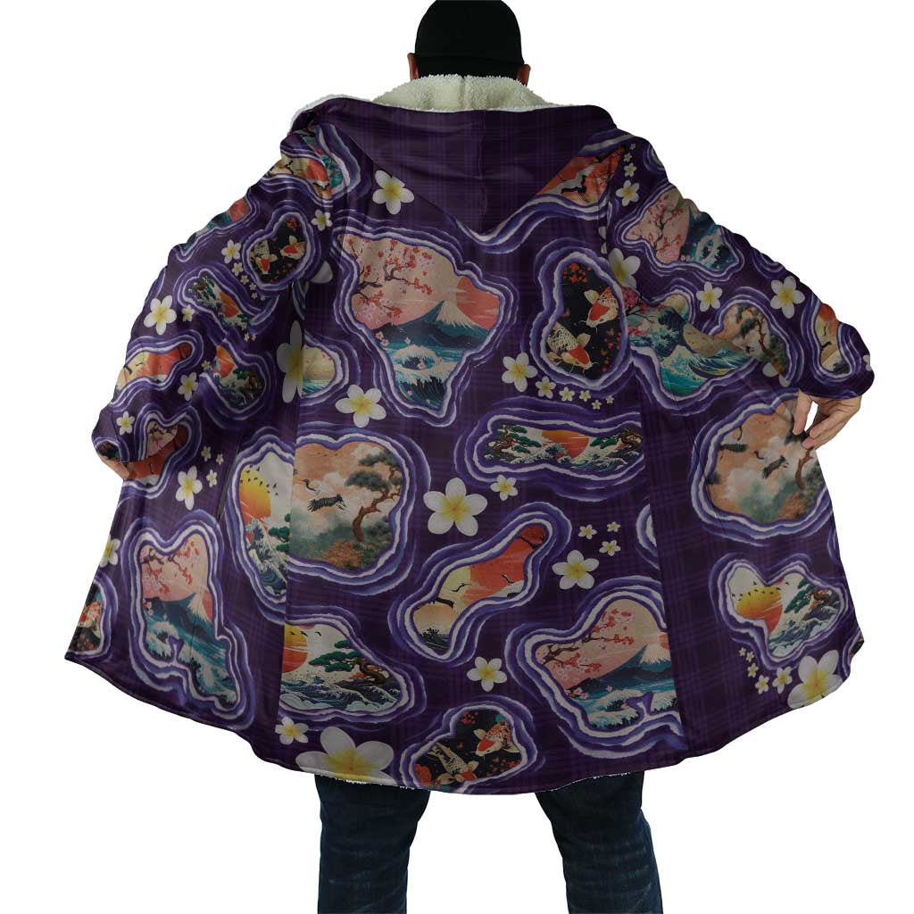 Hawaii Islands Map Design with Japanese Landscape Cloak Hawaiian Japan Fusion Art Purple Color
