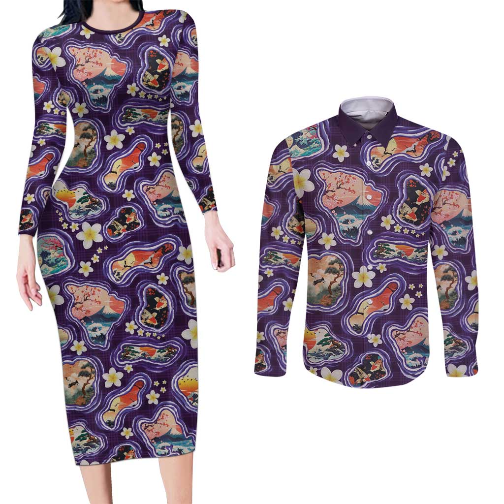 Hawaii Islands Map Design with Japanese Landscape Couples Matching Long Sleeve Bodycon Dress and Long Sleeve Button Shirt Hawaiian Japan Fusion Art Purple Color