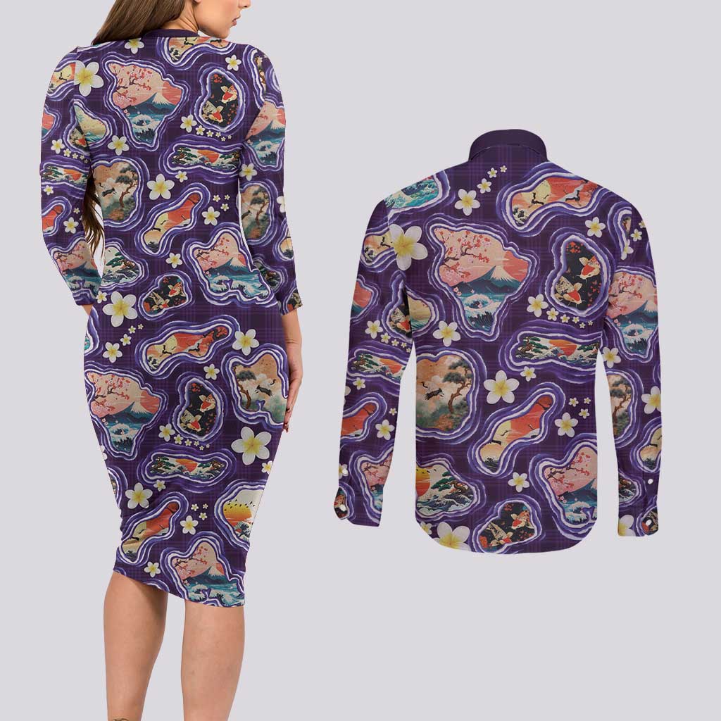 Hawaii Islands Map Design with Japanese Landscape Couples Matching Long Sleeve Bodycon Dress and Long Sleeve Button Shirt Hawaiian Japan Fusion Art Purple Color