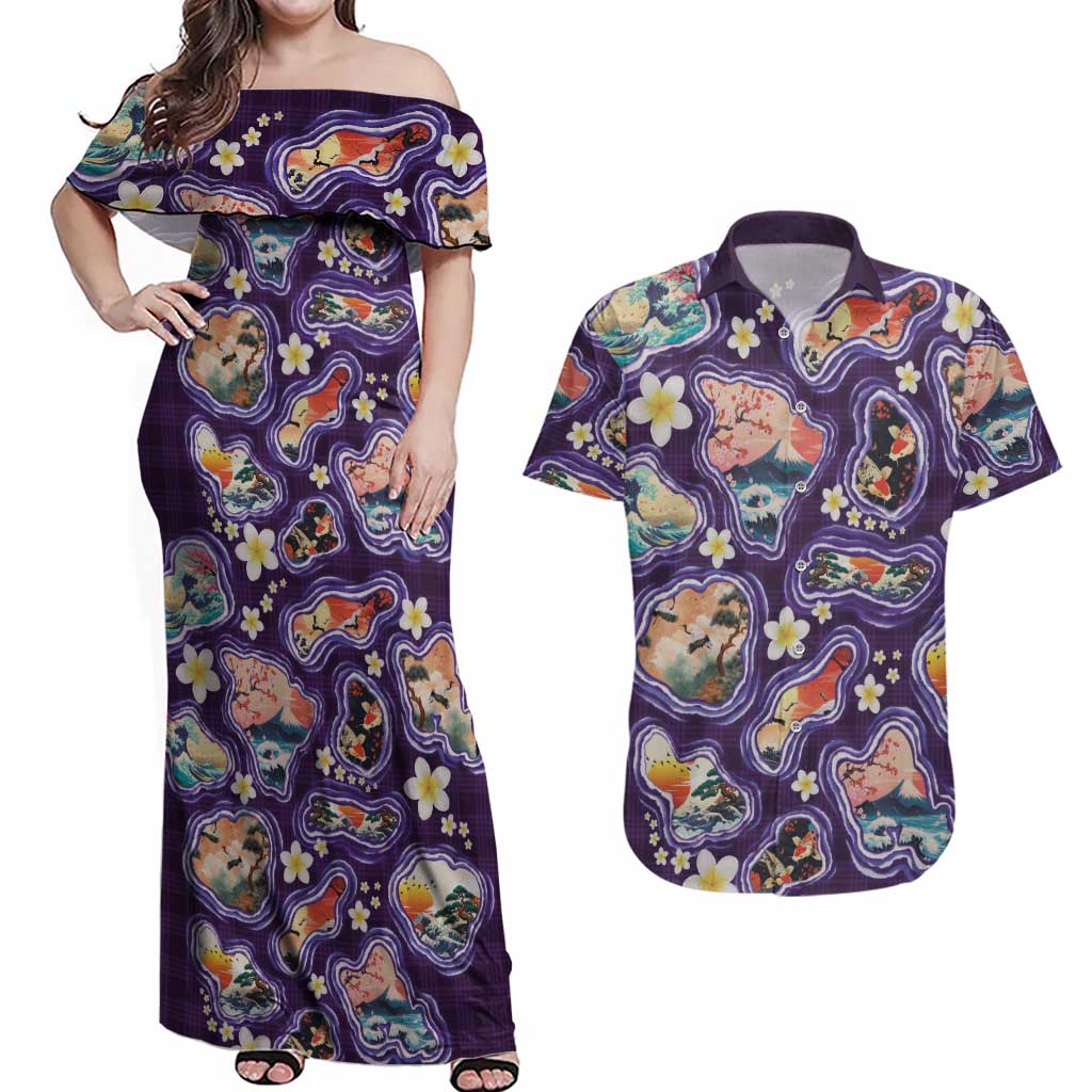 Hawaii Islands Map Design with Japanese Landscape Couples Matching Off Shoulder Maxi Dress and Hawaiian Shirt Hawaiian Japan Fusion Art Purple Color